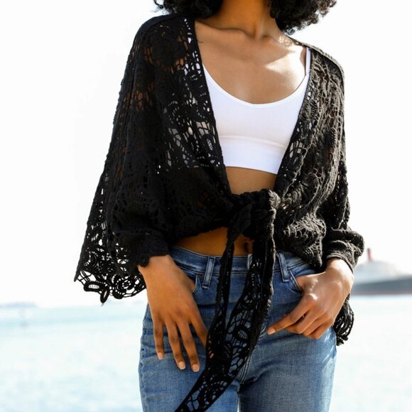 Crochet Floral Petal Kimono Wrap Boho Cotton Shawl 1 Size Black Mocha Rust Mint - Picture 1 of 9